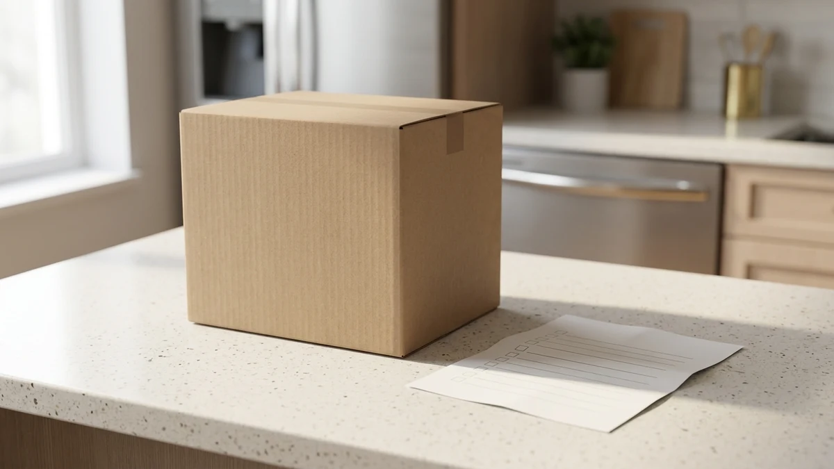 A moving box beside a folded blank checklist on a kitchen counter, representing a long-time owner preparing to sell.