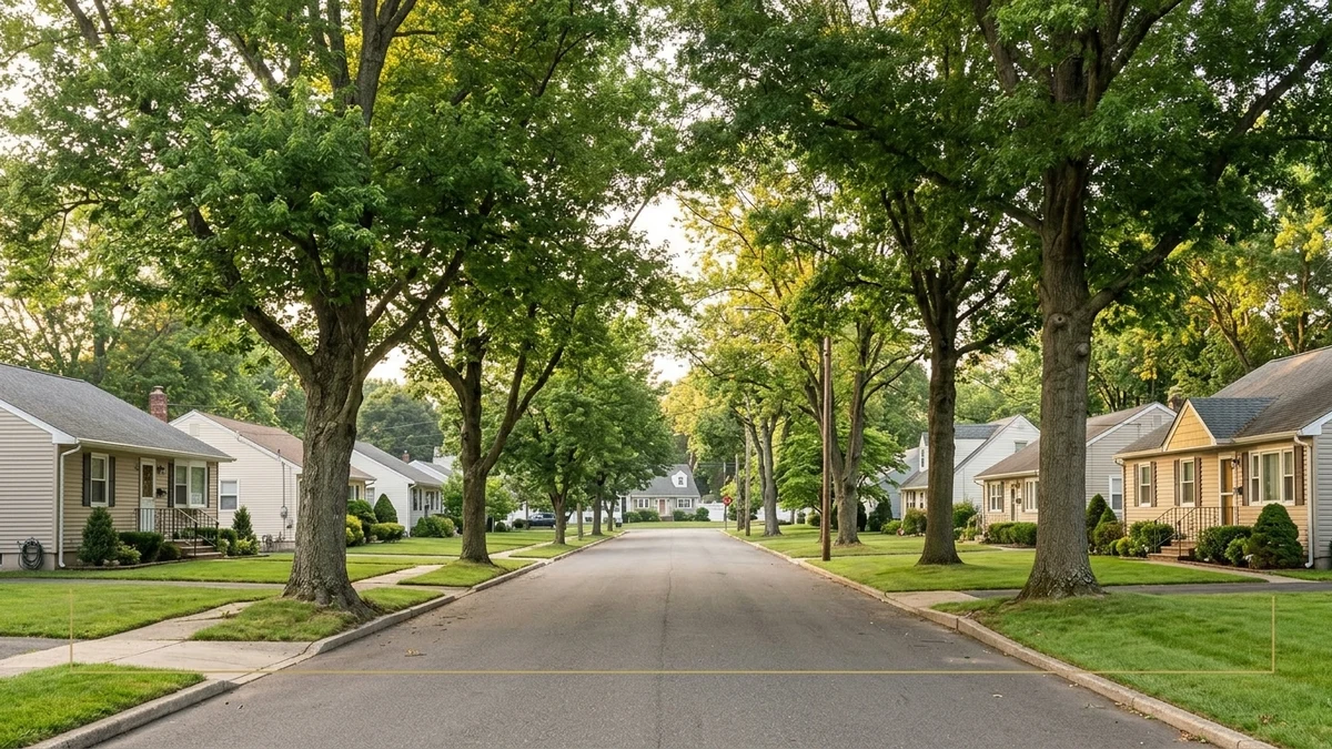 A quiet suburban Central New Jersey street lined with mature trees, representing a first-time buyer’s search width.